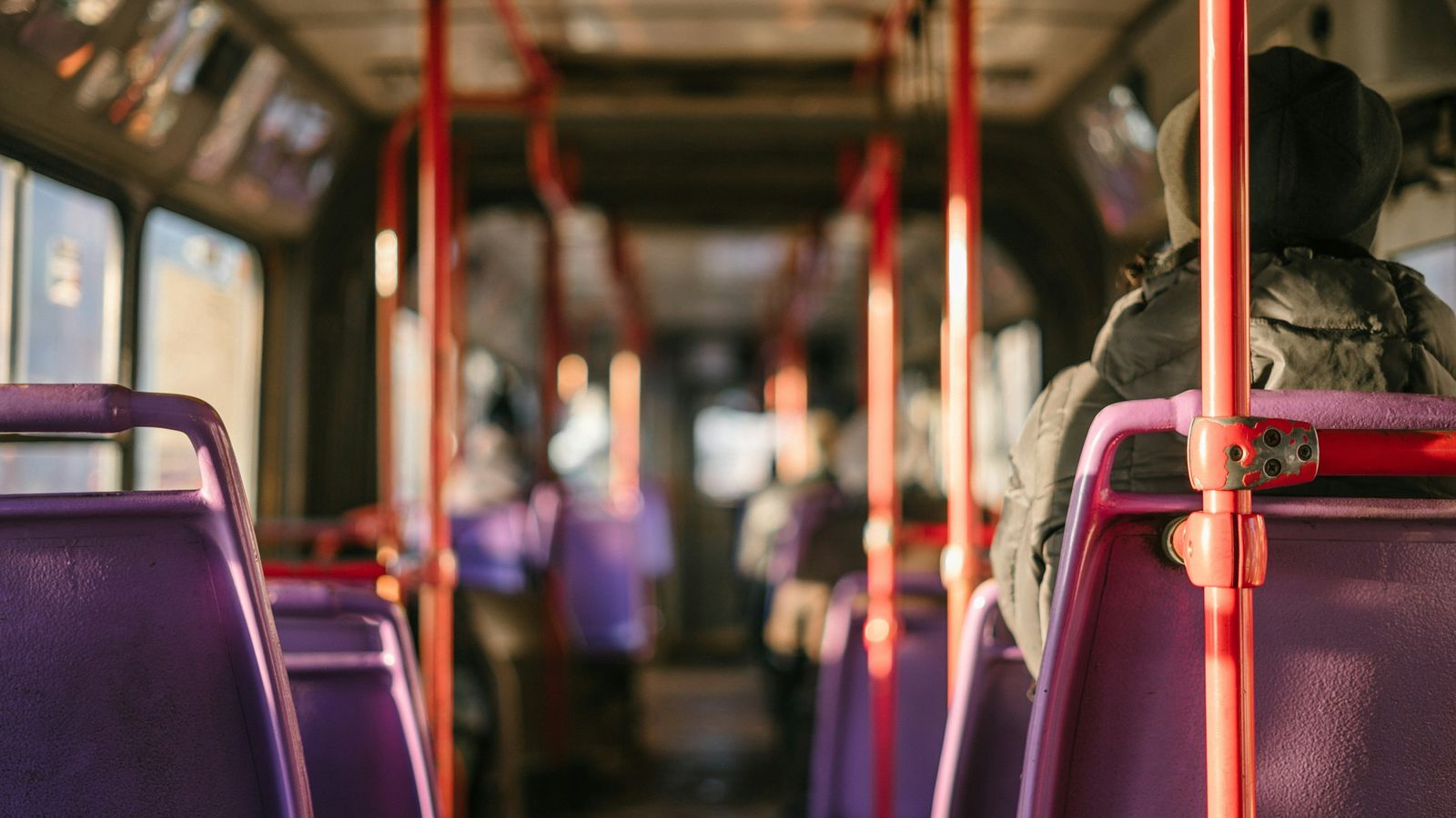 The interior of a city bus.