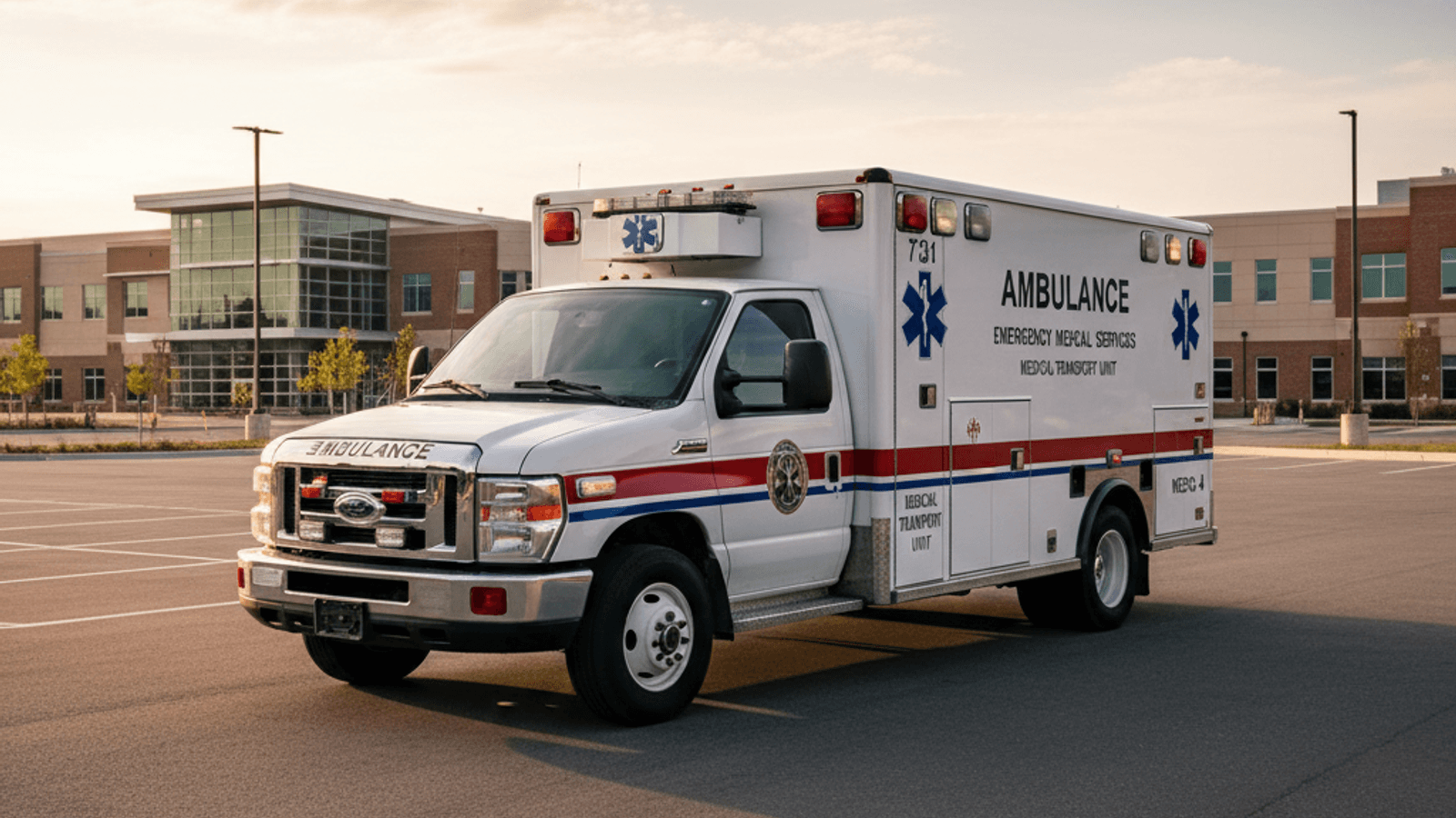 An ambulance in a hospital parking lot.